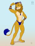  2017 5_fingers abs anthro blue_hair digital_media_(artwork) feline hair kacey lion male mammal simple_background smile solo yellow_eyes 