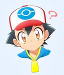  1boy ? black_hair blue_background blue_shirt hat highres jpeg_artifacts koudzuki_(reshika213) looking_at_viewer male_focus orange_eyes poke_ball_print poke_ball_theme pokemon_(anime) red_hat satoshi_(pokemon) shirt short_hair simple_background solo text 