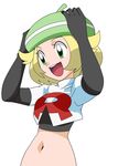  1girl bel_(pokemon) blonde_hair elbow_gloves hainchu hand_on_head pokemon pokemon_(anime) solo team_rocket team_rocket_(cosplay) 