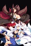  absurdres akagi_(azur_lane) animal_ears azur_lane bangs black_hair blue_eyes blunt_bangs blush breasts cleavage closed_mouth commentary_request cowboy_shot fox_ears fox_mask fox_tail hakama_skirt highres japanese_clothes kaga_(azur_lane) large_breasts long_hair long_sleeves looking_at_viewer mask multiple_girls multiple_tails ouma_tokiichi parted_lips red_eyes shikigami short_hair silver_hair smile tail wide_sleeves 