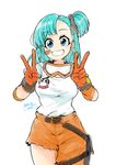  2017 anpanman bandaid_on_cheek belt blue_eyes blue_hair breasts bulma clenched_teeth commentary_request dated dokin-chan double_v dragon_ball dragon_ball_(classic) gloves highres looking_at_viewer medium_breasts motimotifukurou one_side_up orange_gloves pants seiyuu_connection short_twintails simple_background smile solo teeth torn_clothes torn_pants tsuru_hiromi twintails v white_background 