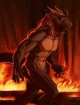  2017 4_fingers abs anthro arkon detailed_background digital_media_(artwork) dragon hybrid male navel neracoda nude open_mouth solo teeth tongue 
