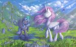 2017 blue_fur blue_hair detailed_background digital_media_(artwork) equine eyes_closed feathered_wings feathers friendship_is_magic fur grass hair horn mammal my_little_pony pink_hair princess_celestia_(mlp) princess_luna_(mlp) smile stasysolitude water white_feathers winged_unicorn wings 