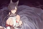  animal_ears arched_back atago_(azur_lane) azur_lane bangs black_gloves black_hair blush braid breasts brown_eyes cleavage closed_mouth commentary_request covered_nipples detached_sleeves dress elbow_gloves gloves hair_between_eyes large_breasts long_hair looking_to_the_side red_cucumber sidelocks solo swept_bangs tsurime white_dress 