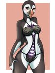 2017 anthro avian beak bird black_body black_feathers blush clothed clothing feathers female firetally front_view looking_at_viewer multicolored_feathers open_beak open_mouth pearl_(boolean) portrait puffin skimpy solo standing three-quarter_portrait tongue two_tone_body two_tone_feathers white_body white_feathers 