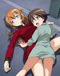  2girls ass blue_eyes blush breasts brown_eyes brown_hair charlotte_e_yeager large_breasts miyafuji_yoshika multiple_girls strike_witches world_witches_series 