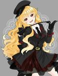  alternate_costume bangs belt black_gloves black_hat black_neckwear blonde_hair blush breast_pocket buttons collared_shirt cowboy_shot double-breasted eyebrows_visible_through_hair fang gloves grey_background hat head_tilt holding junko_(touhou) kusoyarou long_hair long_sleeves looking_at_viewer military military_uniform open_mouth peaked_cap pocket red_eyes riding_crop shirt sidelocks solo touhou uniform wavy_hair white_shirt 