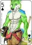  2017 abs animal_genitalia animal_penis anthro armor axe biceps canine canine_penis card clothed clothing digital_media_(artwork) erection fonyaa fur helmet holding_object male mammal melee_weapon muscular muscular_male pecs penis playing_card simple_background smile solo standing topless weapon white_fur wolf 