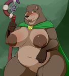  amber_eyes anthro armello bear belly big_belly blush brown_fur cape clothing deep_navel female fur mammal mostly_nude navel nightfaux nipples obese overweight sana_(armello) staff thick_thighs voluptuous 