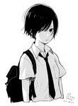  backpack bag bangs blank_stare breast_pocket collared_shirt commentary dated expressionless greyscale hair_over_one_eye looking_at_viewer monochrome nakamura_hinata necktie original pocket shirt short_hair short_sleeves signature simple_background solo tomboy upper_body wing_collar 
