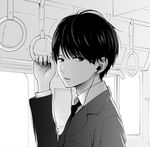  arm_up bus_interior business_suit commentary_request earbuds earphones expressionless formal greyscale hand_grip long_sleeves looking_at_viewer male_focus monochrome nakamura_hinata necktie original solo standing suit upper_body wing_collar 