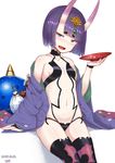  :d absurdres alcohol bad_id bad_pixiv_id breasts commentary_request cup fang fate/grand_order fate_(series) gogongzid highres horns navel oni oni_horns open_mouth pale_skin purple_eyes purple_hair sakazuki sake short_hair shuten_douji_(fate/grand_order) simple_background sitting slit_pupils small_breasts smile solo thighhighs white_background 