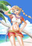  beads belt blonde_hair blue_eyes breasts chrono_cross cleavage crop_top funtarunta gloves high_ponytail highres jewelry kid_(chrono_cross) long_hair looking_at_viewer midriff miniskirt multi-tied_hair navel necklace ponytail skirt smile solo vest 