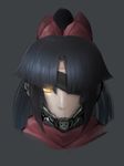  black_hair bow cyborg eyepatch eyes_visible_through_hair fate/grand_order fate_(series) fusion glowing glowing_eyes grey_background hair_bow highres katou_danzou_(fate/grand_order) long_hair looking_at_viewer metal_gear_(series) metal_gear_rising:_revengeance one_eye_covered ponytail portrait raiden red_bow red_scarf rei_(rei_rr) scarf simple_background solo yellow_eyes 