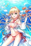  bikini blonde_hair cowboy_shot criss-cross_halter fate/extra fate/grand_order fate_(series) fish green_eyes hair_intakes halter_top halterneck highres nero_claudius_(fate)_(all) nero_claudius_(swimsuit_caster)_(fate) open_mouth red_bikini side-tie_bikini soda_(sodachuxd) solo striped striped_bikini swimsuit twintails underwater 