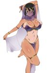  :d arm_up armpits black_hair blue_eyes bracelet breasts bursting_breasts cleavage commentary_request dancer fang hair_between_eyes highres huge_breasts jewelry kagemusha leg_up loincloth looking_at_viewer navel one-piece_tan open_mouth original short_hair skindentation smile solo stomach tan tanline thighlet undersized_clothes veil 