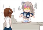  2girls =_= bag cashier casual commentary_request drunk employee_uniform grey_hair hat kantai_collection lawson long_hair mini_hat multiple_girls nausea plastic_bag pola_(kantai_collection) rainbow_gradient shirt short_hair sweat taihou_(kantai_collection) tilted_headwear translation_request uniform utsuwa wavy_hair white_shirt 