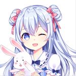  ;d animal blue_eyes blue_hair blue_shirt blush bow bunny bunny_hair_ornament chuor_(chuochuoi) commentary_request double_bun fang hair_bow hair_ornament hair_ribbon head_tilt holding holding_animal long_hair looking_at_viewer one_eye_closed open_mouth original pink_bow pink_ribbon puffy_short_sleeves puffy_sleeves ribbon shirt short_sleeves simple_background smile solo white_background 