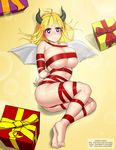  arms_behind_back artist_name ass bad_id bad_pixiv_id bangs barefoot bdsm blonde_hair blunt_bangs blush bondage bound box breasts closed_mouth demon_horns demon_wings dungbae from_above gift gift_box heart heart-shaped_pupils highres horns large_breasts long_hair looking_at_viewer lying maplestory naked_ribbon nose_blush on_back purple_eyes restrained ribbon skindentation solo symbol-shaped_pupils tears watermark web_address wings 