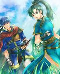  1girl bad_id bad_pixiv_id blue_eyes blue_hair cape field fingerless_gloves fire_emblem fire_emblem:_rekka_no_ken fire_emblem:_souen_no_kiseki fire_emblem_heroes gloves green_eyes green_hair headband high_ponytail ike long_hair lyndis_(fire_emblem) nemupon_(goodlucky) ponytail ragnell short_hair sky smile 