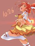  :d ahoge arm_warmers boots brown_background chocokin cropped_legs cure_sunny dated fire hair_bun hino_akane_(smile_precure!) magical_girl open_mouth orange_eyes orange_hair orange_skirt precure profile short_hair sideways_mouth simple_background skirt smile smile_precure! solo standing standing_on_one_leg thigh_boots thighhighs white_footwear zettai_ryouiki 
