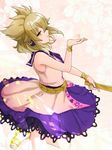  blonde_hair closed_mouth commentary_request earmuffs eyebrows_visible_through_hair floral_background from_side holding kusoyarou pointy_hair profile purple_skirt ritual_baton shoes short_hair skirt sleeveless solo standing standing_on_one_leg touhou toyosatomimi_no_miko yellow_eyes 