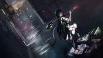  alley bad_id bad_pixiv_id black_hair boots building fire_escape high_heel_boots high_heels highres itodome long_hair looking_back neon_lights original pleated_skirt red_eyes school_uniform serafuku shovel skirt solo television trash 