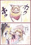  2girls american_flag_dress blonde_hair blush clownpiece comic hat horns ibuki_suika jester_cap kouba multiple_girls potato red_eyes tagme touhou translation_request 