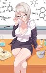  adjusting_eyewear blazer book breasts center_frills chalkboard chemistry classroom cleavage collared_shirt commentary crossed_legs english_commentary exlic flask glasses highres indoors jacket large_breasts legs long_sleeves miniskirt nakiri_alice off_shoulder panties pantyshot pantyshot_(sitting) pencil_skirt pink_lips red_eyes seductive_smile shiny shiny_skin shirt shokugeki_no_souma short_hair sitting sitting_on_table skirt smile solo table teacher underwear white_hair 