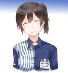  black_hair blue_background character_name closed_eyes employee_uniform gradient gradient_background id_card kaga_(kantai_collection) kantai_collection lawson satsumi short_hair side_ponytail solo uniform upper_body white_background 