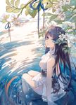  bangs blue_eyes blue_hair blush breasts china_dress chinese chinese_clothes chinese_commentary commentary dress flower fre legs_together long_hair looking_at_viewer looking_back original outdoors parted_lips partially_submerged pond ripples short_dress sidelocks sitting small_breasts solo thighs very_long_hair white_dress white_flower 