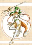  adricarra amiti armor artist_name belt boots braid braided_bun breastplate dress elincia_ridell_crimea fingerless_gloves fire_emblem fire_emblem:_akatsuki_no_megami fire_emblem:_souen_no_kiseki full_body gauntlets gloves green_hair hair_bun headband highres long_hair orange_eyes pants pauldrons pelvic_curtain platform_footwear solo striped striped_background sword thigh_boots thighhighs weapon white_footwear 