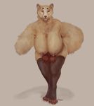  2017 4_toes anthro big_breasts biped black_clothing black_legwear breasts brown_eyes brown_nipples brown_nose cheek_tuft claws clothing digital_media_(artwork) digital_painting_(artwork) eyelashes female fist fluffy fluffy_tail front_view full-length_portrait fur grey_background hanging_breasts huge_breasts humanoid_hands inner_ear_fluff leaning leaning_forward legwear light_theme long_tail looking_away mammal marten mature_female mostly_nude mustelid neck_tuft nipples oouna portrait simple_background smile solo standing stockings toe_claws toeless_legwear toes tuft voluptuous white_claws white_fur white_tail wide_hips 