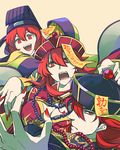  2girls breasts cleavage fingernails fire_emblem fire_emblem:_monshou_no_nazo fire_emblem:_shin_ankoku_ryuu_to_hikari_no_tsurugi hair_between_eyes hair_over_one_eye halloween halloween_costume hat jewelry jiangshi jiangshi_costume large_breasts long_fingernails long_hair long_sleeves looking_at_viewer maria_(fire_emblem) mikimachi minerva_(fire_emblem) misheil_(fire_emblem) multiple_girls nail_polish necklace ofuda open_mouth pearl_necklace profile red_eyes red_hair red_nails robe short_hair siblings wide_sleeves 