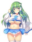  ass_visible_through_thighs bangs blue_eyes blue_skirt breasts commentary_request crop_top crop_top_overhang detached_sleeves frog_hair_ornament green_hair groin hair_ornament hair_tubes hand_up highres kochiya_sanae large_breasts liya long_hair looking_at_viewer midriff miniskirt navel no_bra panties pink_panties shiny shiny_skin simple_background skirt skirt_lift snake_hair_ornament solo stomach thigh_gap thighhighs touhou underboob underwear white_background white_legwear 