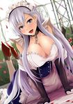  arm_support azur_lane bangs bare_shoulders belfast_(azur_lane) blue_eyes blush braid breasts chain cleavage collar collarbone commentary_request eyebrows_visible_through_hair french_braid gloves kanzaki_kureha large_breasts long_hair looking_at_viewer maid maid_headdress open_mouth silver_hair solo 