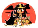  1girl anklet anubis black_hair blush bone commentary dark_skin detached_sleeves dog egyptian egyptian_clothes gold jewelry kneeling legs long_hair looking_down original pelvic_curtain petting setz shirt short_eyebrows smile solo thighs white_shirt 
