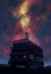  artist_name brown_hair bus commentary glasses ground_vehicle highres jacket_on_shoulders looking_at_viewer mclelun motor_vehicle nebula night night_sky original outdoors scenery shirt sitting sky smile solo star_(sky) starry_sky telescope wide_shot 