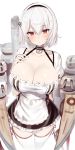  1girl absurdres anchor apron azur_lane bangs black_choker black_dress black_hairband blurry blush breasts choker cleavage collarbone commentary_request cowboy_shot depth_of_field dress frilled_dress frills greatmosu hair_between_eyes hairband halterneck hand_on_own_chest hand_up head_tilt highres large_breasts looking_at_viewer machinery maid maid_apron parted_lips puffy_short_sleeves puffy_sleeves red_eyes short_hair short_sleeves simple_background sirius_(azur_lane) smokestack solo standing taut_clothes taut_dress thighhighs turret white_apron white_background white_hair white_legwear 