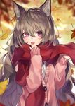  animal_ears autumn autumn_leaves bangs blurry brown_hair cardigan day depth_of_field eyebrows_visible_through_hair fox_ears fox_girl ginkgo hair_between_eyes hands_up long_hair looking_at_viewer open_mouth original outdoors pink_eyes red_scarf scarf shugao sleeves_past_wrists solo upper_body very_long_hair wavy_hair 