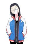  black_pants blonde_hair blue_eyes closed_mouth cowboy_shot gumi. hair_over_one_eye hands_in_pockets highres hood hood_up hoodie jacket letterman_jacket long_sleeves looking_at_viewer male_focus pants signature simple_background solo standing white_background yuri!!!_on_ice yuri_plisetsky 