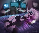  anthro bed black_fur black_sclera blue_eyes breasts chair clothing collar computer detailed_background digitigrade dragon eyewear fangs female fluffy fur furred_dragon laptop looking_at_viewer lying monitor multicolored_fur open_mouth piercing pillow poster raytee_lee skirt solo sootsprite white_fur 