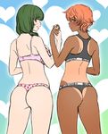  ass bangs bare_arms bare_shoulders black_bra blue_background blush bra breasts closed_mouth eyebrows_visible_through_hair food_print from_behind green_eyes green_hair hair_over_shoulder hair_tie heart heart_background holding_hands interlocked_fingers kuzukago_(bitchmaker) large_breasts long_hair looking_at_viewer looking_back multiple_girls one-piece_tan orange_eyes orange_hair original panties pink_bra print_bra print_panties short_hair smile sports_bra standing strawberry_print tan tanline thong training_bra underwear 