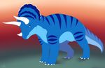  2017 4_toes ambiguous_gender blue_eyes blue_scales dinosaur feral gradient_background horn looking_at_viewer presenting revadiehard scales scowl simple_background solo standing toes triceratops 