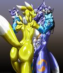  ass blue_eyes breasts butt canine copy digimon dragoneer_(character) duo female fox furry goo kemono_inukai large_breasts latex male mammal melting pussy red_eyes renamon rubber shiny sideboob tail transformation water wet 