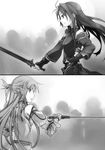  abec antenna_hair asuna_(sao) asuna_(sao-alo) breastplate detached_sleeves fingerless_gloves floating_hair from_side gloves greyscale highres holding holding_sword holding_weapon long_hair monochrome multiple_girls novel_illustration official_art split_screen standing sword sword_art_online very_long_hair weapon yuuki_(sao) 