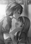  1girl abec blush collarbone eyebrows_visible_through_hair forehead_kiss greyscale hairband highres indoors kirito kiss long_hair monochrome novel_illustration official_art selka_schuberg sword_art_online upper_body 