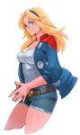  blonde_hair blue_eyes blue_jacket breasts casual cleavage denim denim_shorts genderswap genderswap_(mtf) hairband impossible_clothes impossible_shirt jacket large_breasts long_hair marvel nikumeron shirt shorts solo thor_(marvel) 