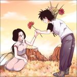 1girl black_eyes black_hair black_sleeves boots bouquet bracelet chi-chi_(dragon_ball) chinese_clothes cloud cloudy_sky dragon_ball dragon_ball_z earrings flower jewelry looking_at_another lowres mother_and_son open_mouth rochiko_(bgl6751010) seiza shirt short_hair sitting sky smile son_goten spiked_hair standing sunset tied_hair white_shirt 