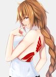  ahoge backless_outfit bangs blonde_hair blue_eyes blush braid breasts commentary_request fate/apocrypha fate_(series) finger_to_mouth from_side highres jeanne_d'arc_(fate) jeanne_d'arc_(fate)_(all) long_hair looking_at_viewer looking_to_the_side medium_breasts parted_lips profile single_braid sleeveless sleeveless_turtleneck solo tattoo turtleneck upper_body yami_kyon_oov 